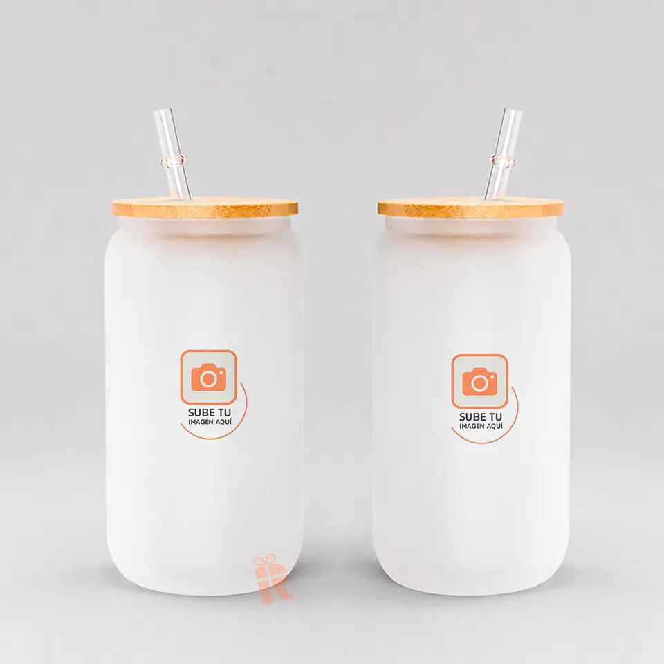 Vaso lata vidrio empavonado tapa bambú 473 cc | Personalizado con imagen, frase, logo 3