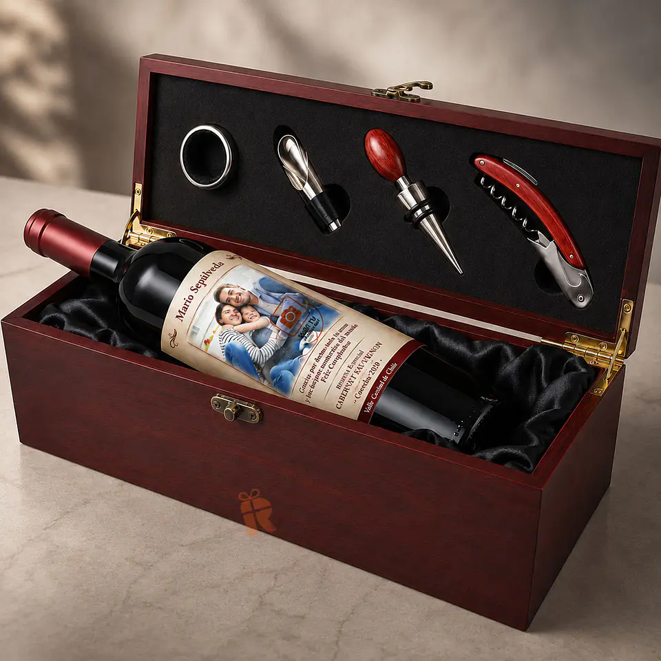 Pack Caja de madera con accesorios y vino | Etiqueta personalizada 1