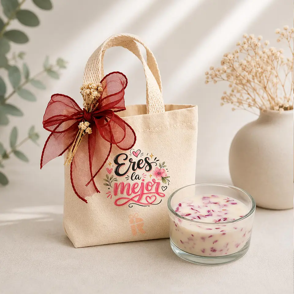 Pack Bolsa de algodón + vela en vidrio | Frase personalizada 1