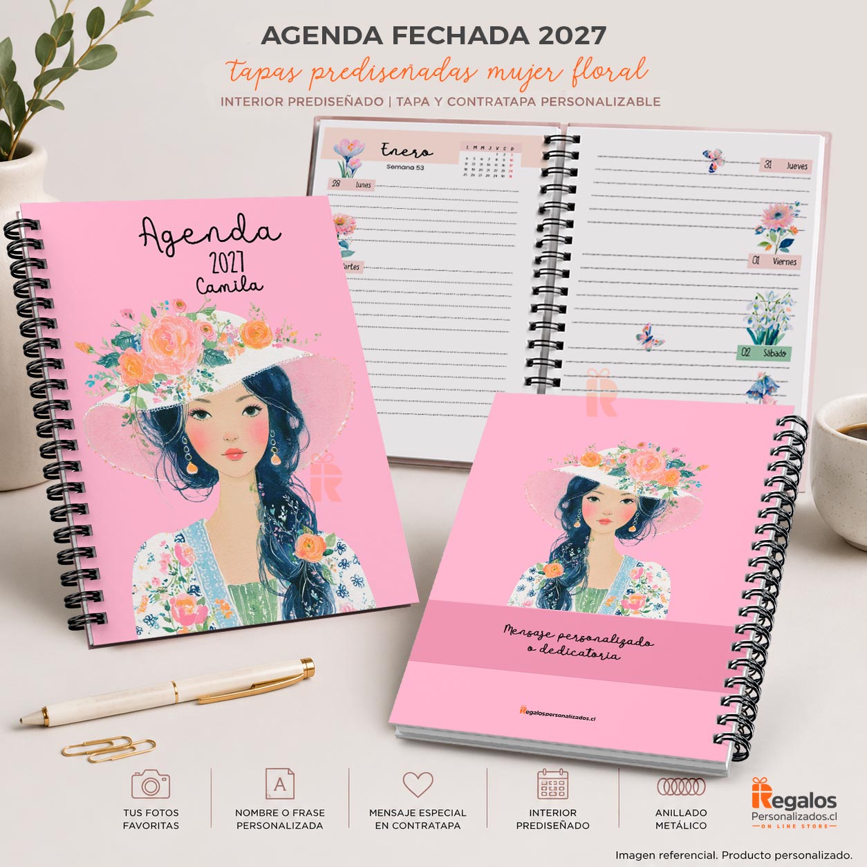 Agenda Mujer Floral 2027 Personalizada | Portada y Contraportada con mensaje
