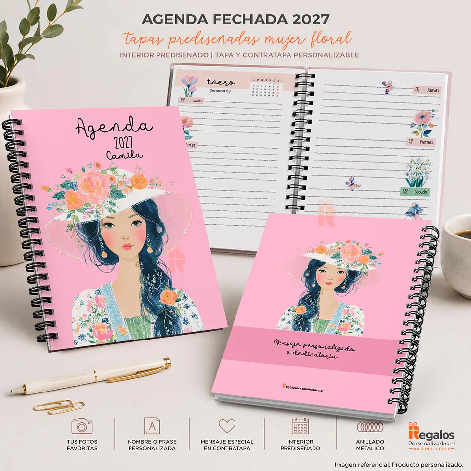 Agenda Mujer Floral 2027 Personalizada | Portada y Contraportada con mensaje 1