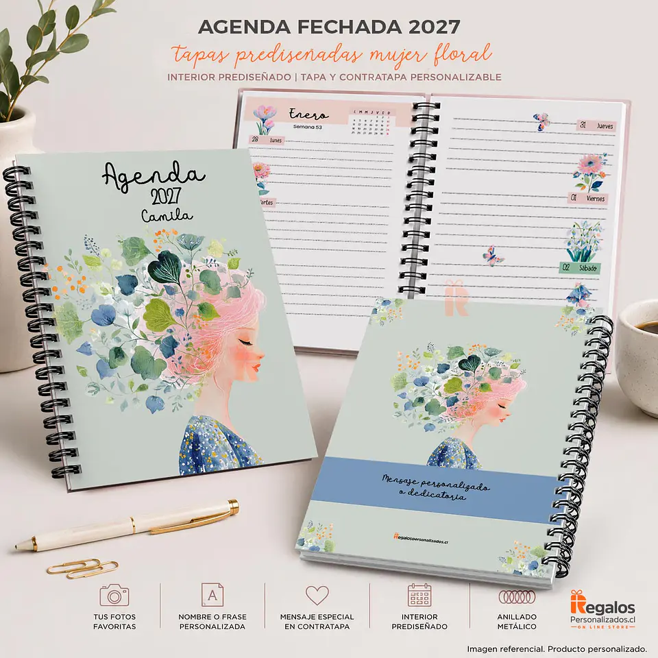 Agenda Mujer Floral 2027 Personalizada | Portada y Contraportada con mensaje 2