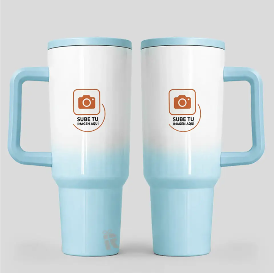 Térmico tumbler tipo stanley bicolor celeste 1200cc tapa antivuelco | Personalizado con imagen, frase o logo 2