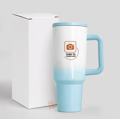 Térmico tumbler tipo stanley bicolor celeste 1200cc tapa antivuelco | Personalizado con imagen, frase o logo