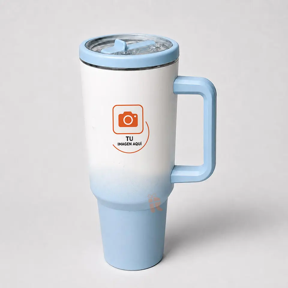 Térmico tumbler tipo stanley bicolor celeste 1200cc tapa antivuelco | Personalizado con imagen, frase o logo 3
