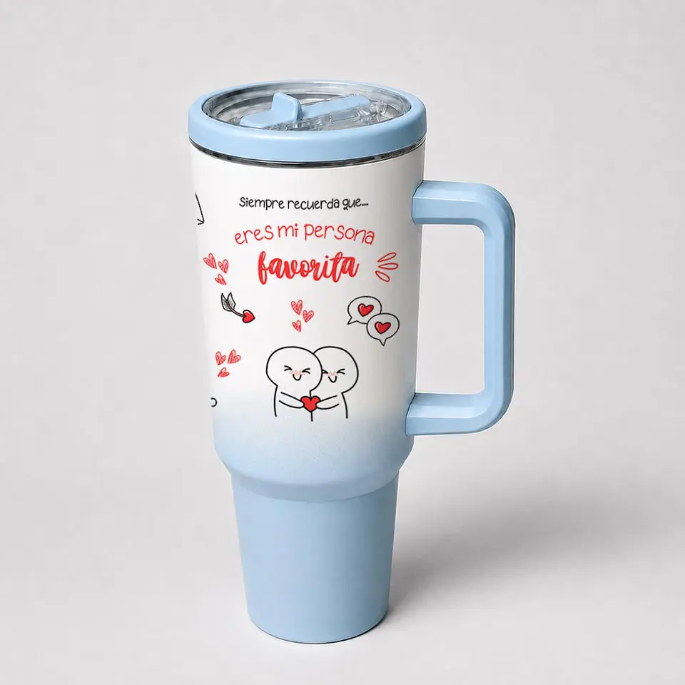 Térmico tumbler tipo stanley bicolor celeste 1200cc tapa antivuelco | Personalizado con imagen, frase o logo 4