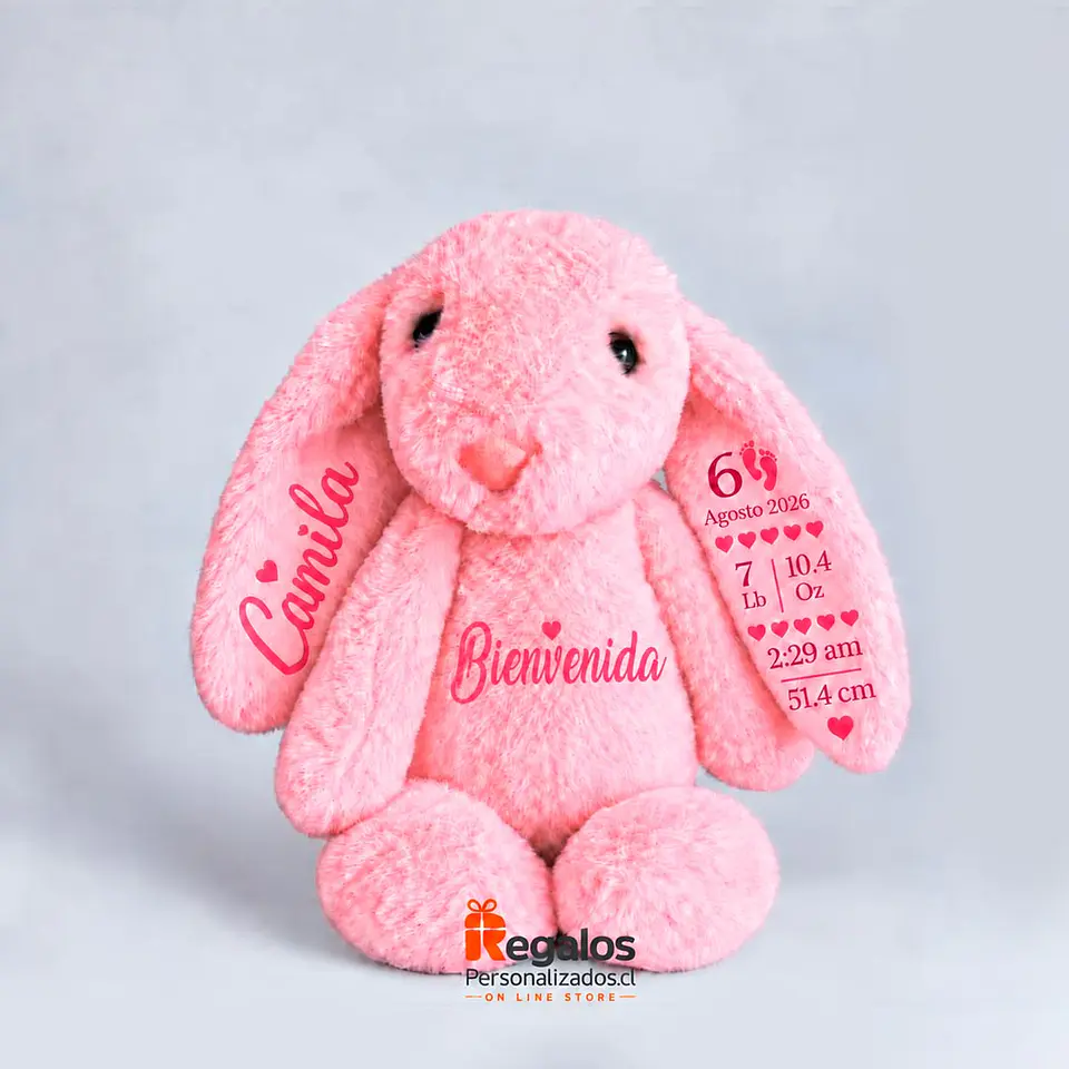 Peluche conejo rosa 40cm, personalizado con nombre o frase 4