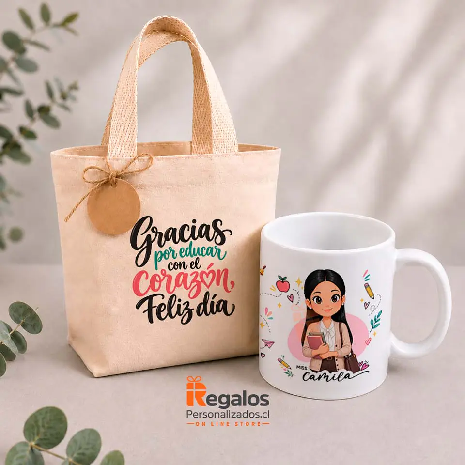 Tazón en tote bag personalizado con diseño Profesora 1