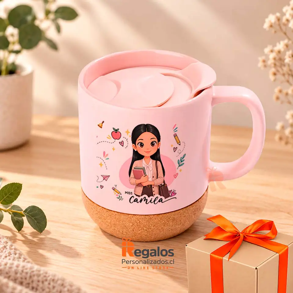 Tazón base corcho c/tapa personalizado con diseño Profesora 1