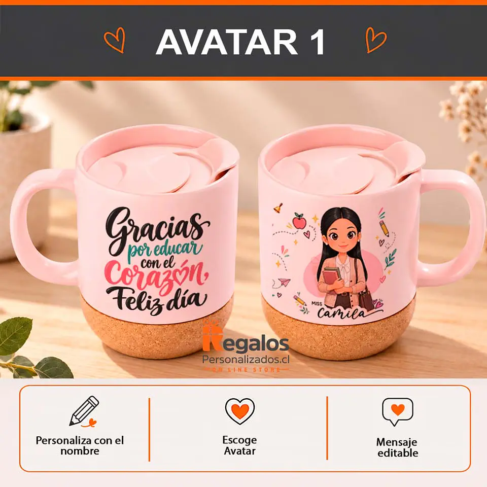 Tazón base corcho c/tapa personalizado con diseño Profesora 2