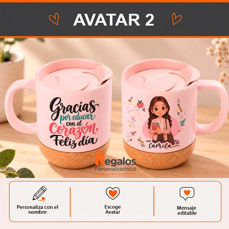 Tazón base corcho c/tapa personalizado con diseño Profesora 3
