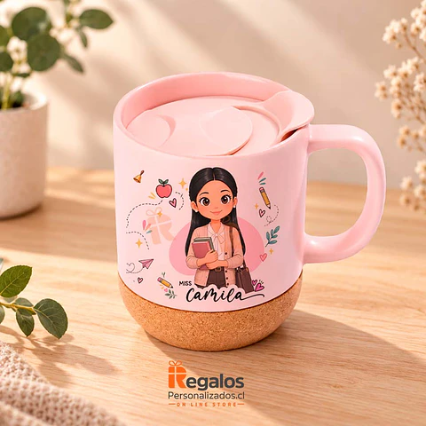 Tazón base corcho c/tapa personalizado con diseño Profesora