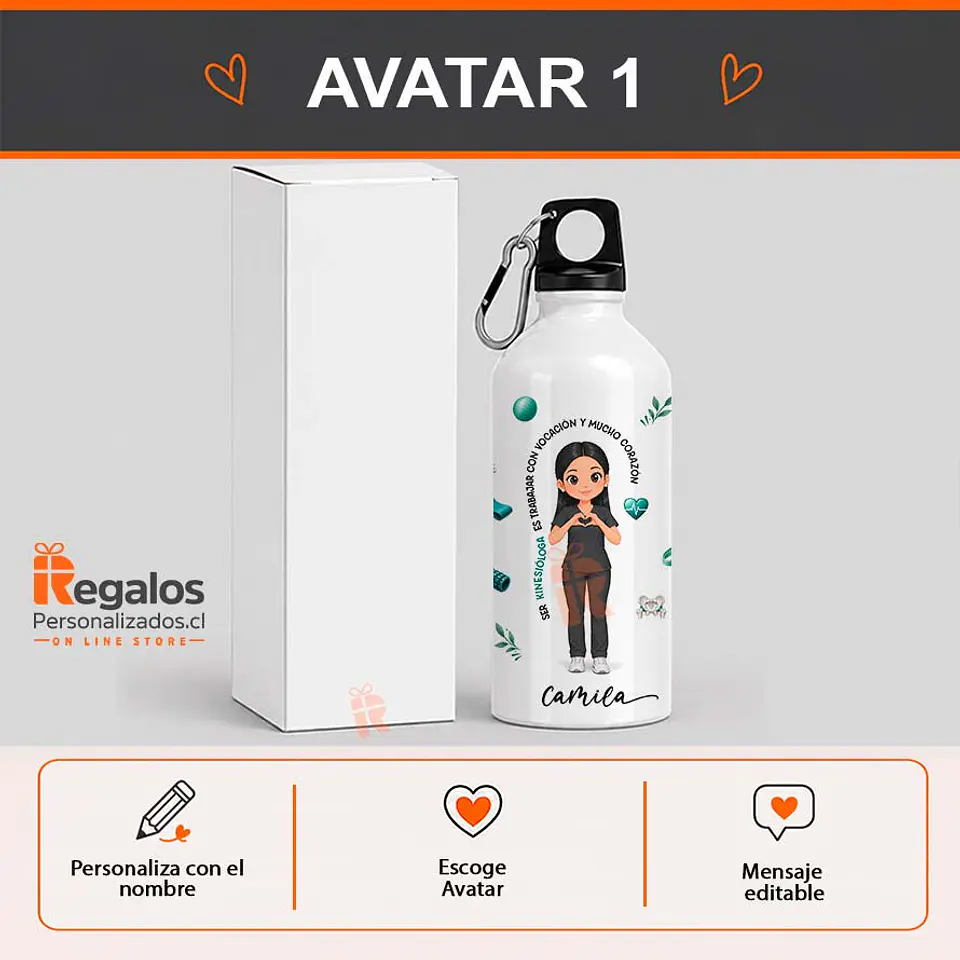 Botella de agua personalizada con diseño Kinesióloga 2