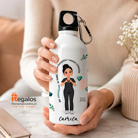 Botella de agua personalizada con diseño Kinesióloga