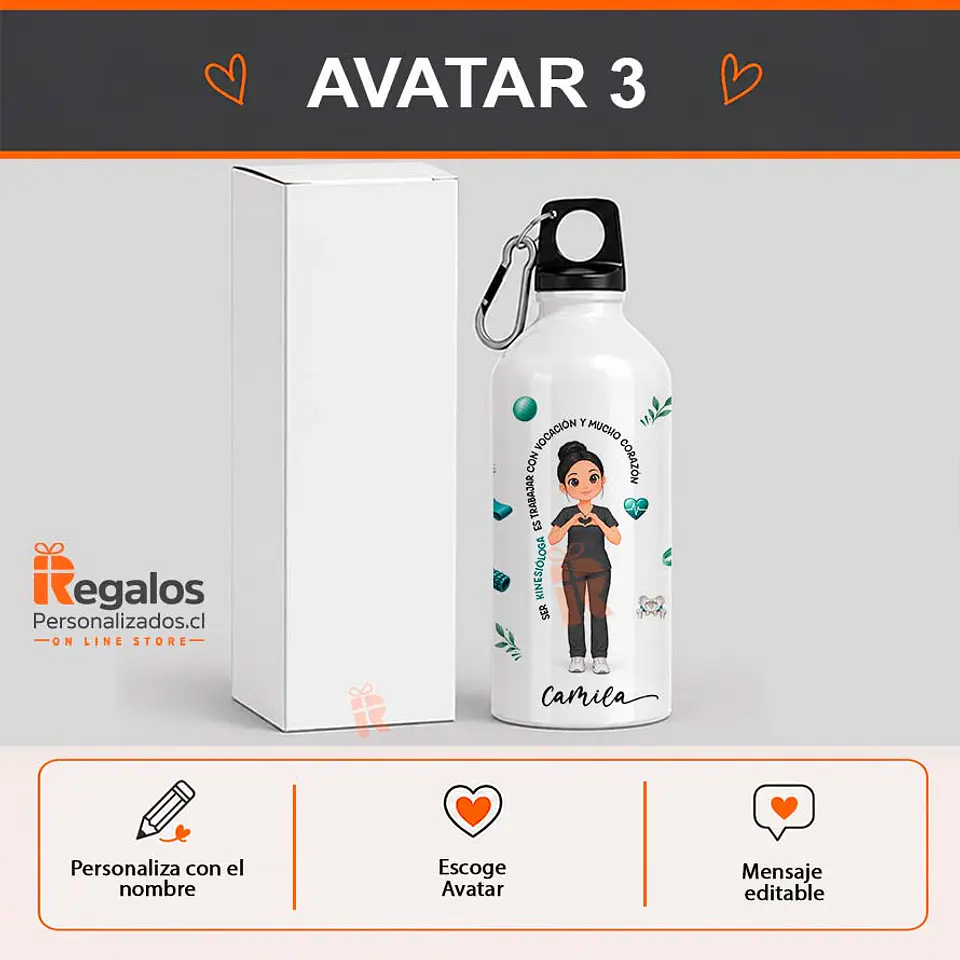 Botella de agua personalizada con diseño Kinesióloga 4