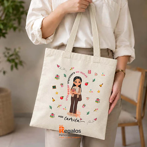 Bolsa lino personalizada con diseño Profesora