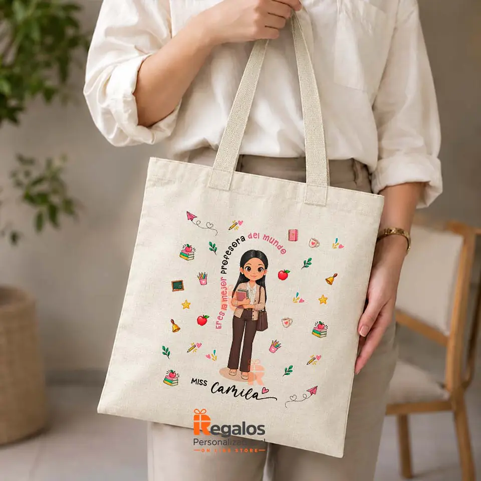 Bolsa lino personalizada con diseño Profesora 1