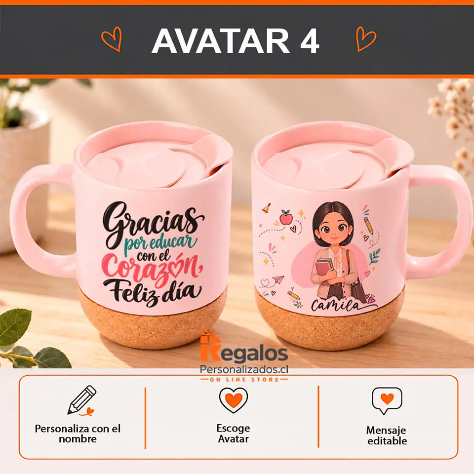 Tazón base corcho c/tapa personalizado con diseño Profesora 5