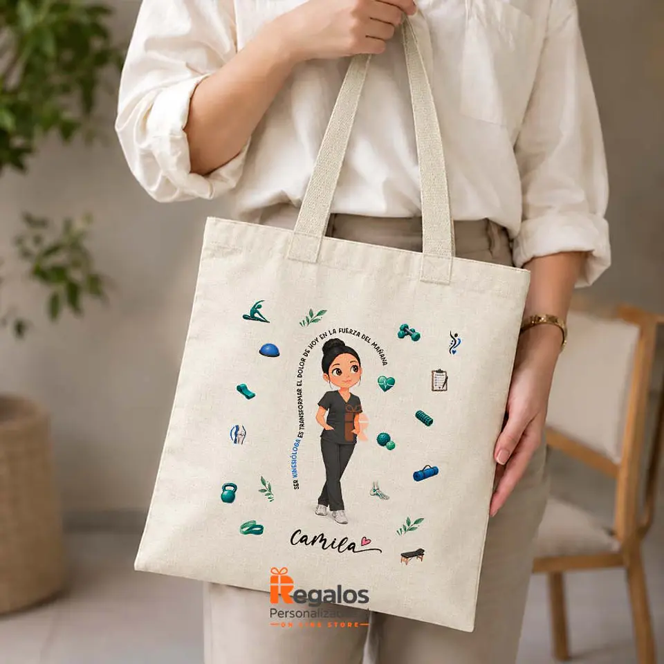 Bolsa lino personalizada con diseño Kinesióloga 1
