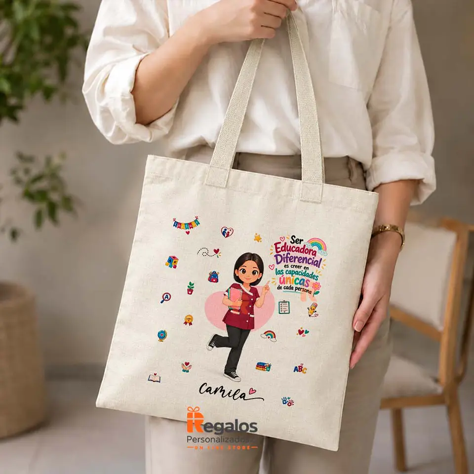 Bolsa lino personalizada con diseño Educadora Diferencial 1