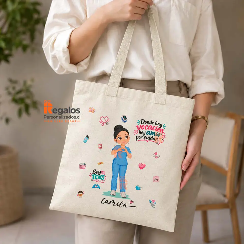 Bolsa lino personalizada con diseño TENS mujer 1