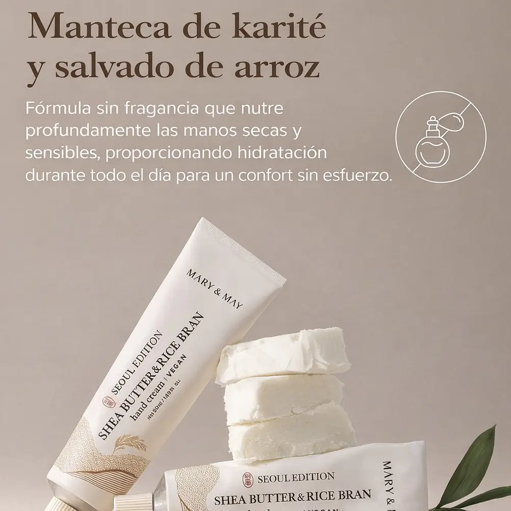 MARY & MAY Shea Butter & Rice Hand Cream 50ml | Crema de manos nutritiva 3