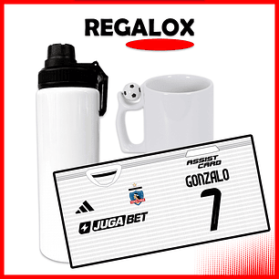 PACK Camiseta Colo-Colo 2025 Personalizado: Botella 800 ml + Taza Mango Pelota