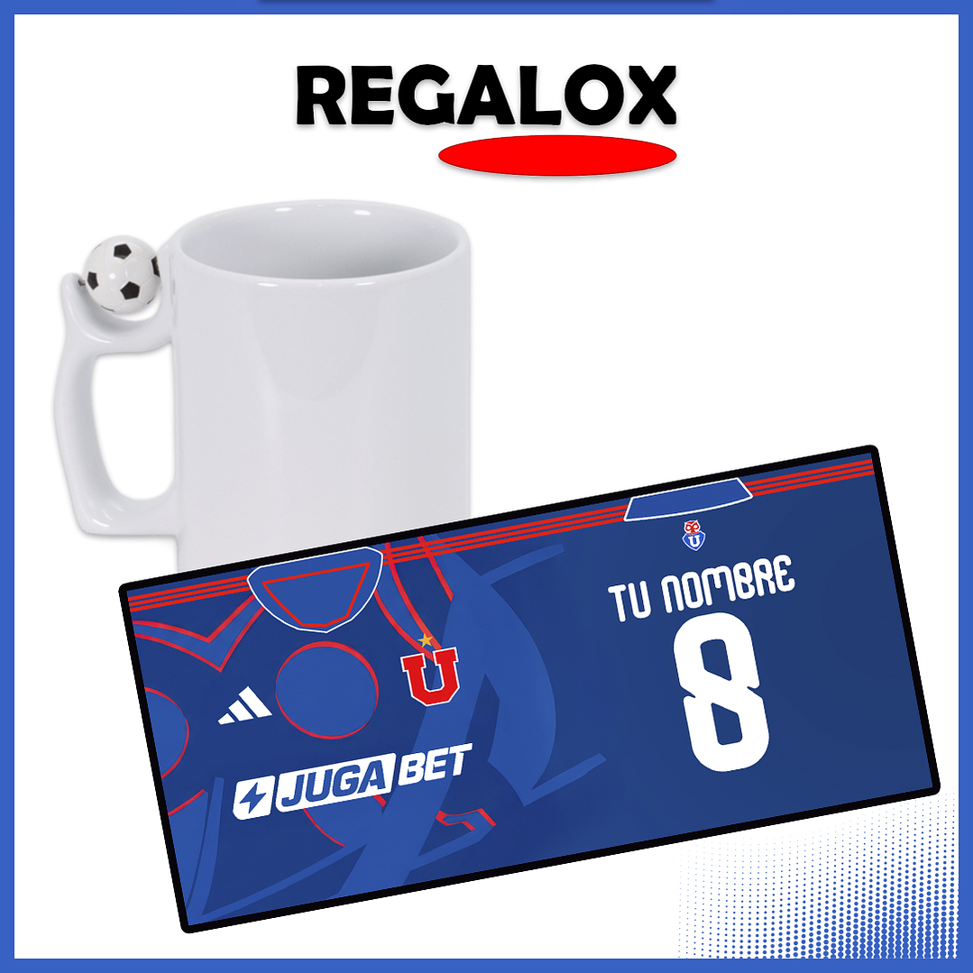 Taza mango pelota U de Chile tipo camiseta 2026 azul personalizada nombre y numero 1