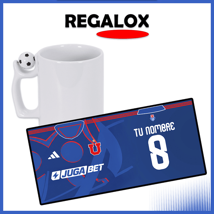 Taza mango pelota U de Chile tipo camiseta 2026 azul personalizada nombre y numero 1
