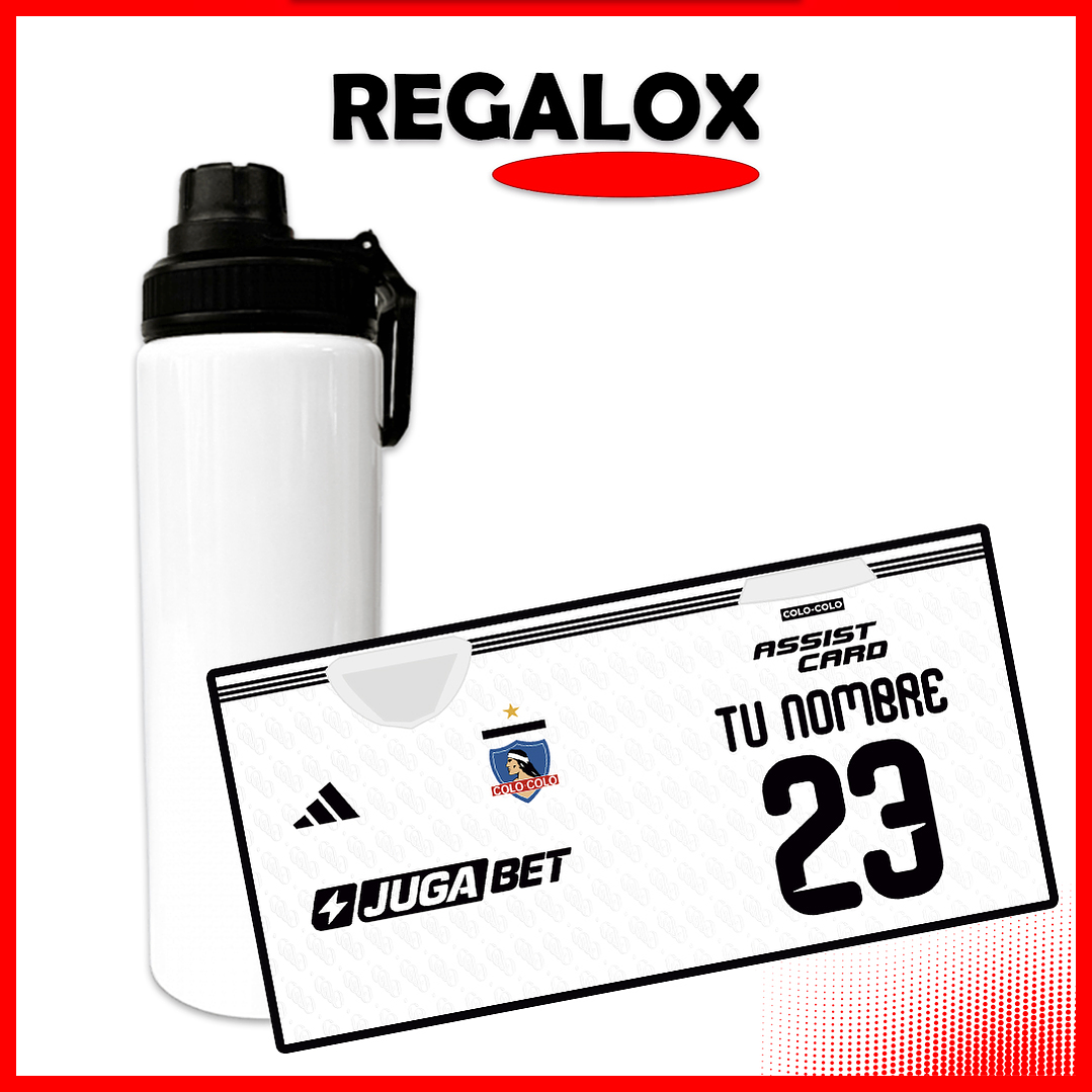 Botella 800 ml Colo Colo tipo camiseta 2026 blanca personalizada nombre y numero 1