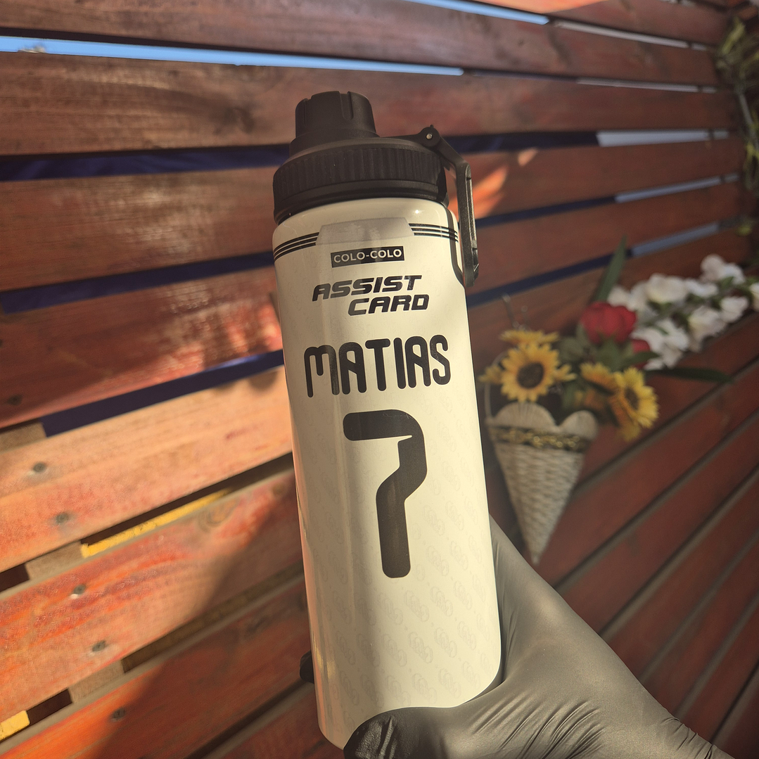 Botella 800 ml Colo Colo tipo camiseta 2026 blanca personalizada nombre y numero 3