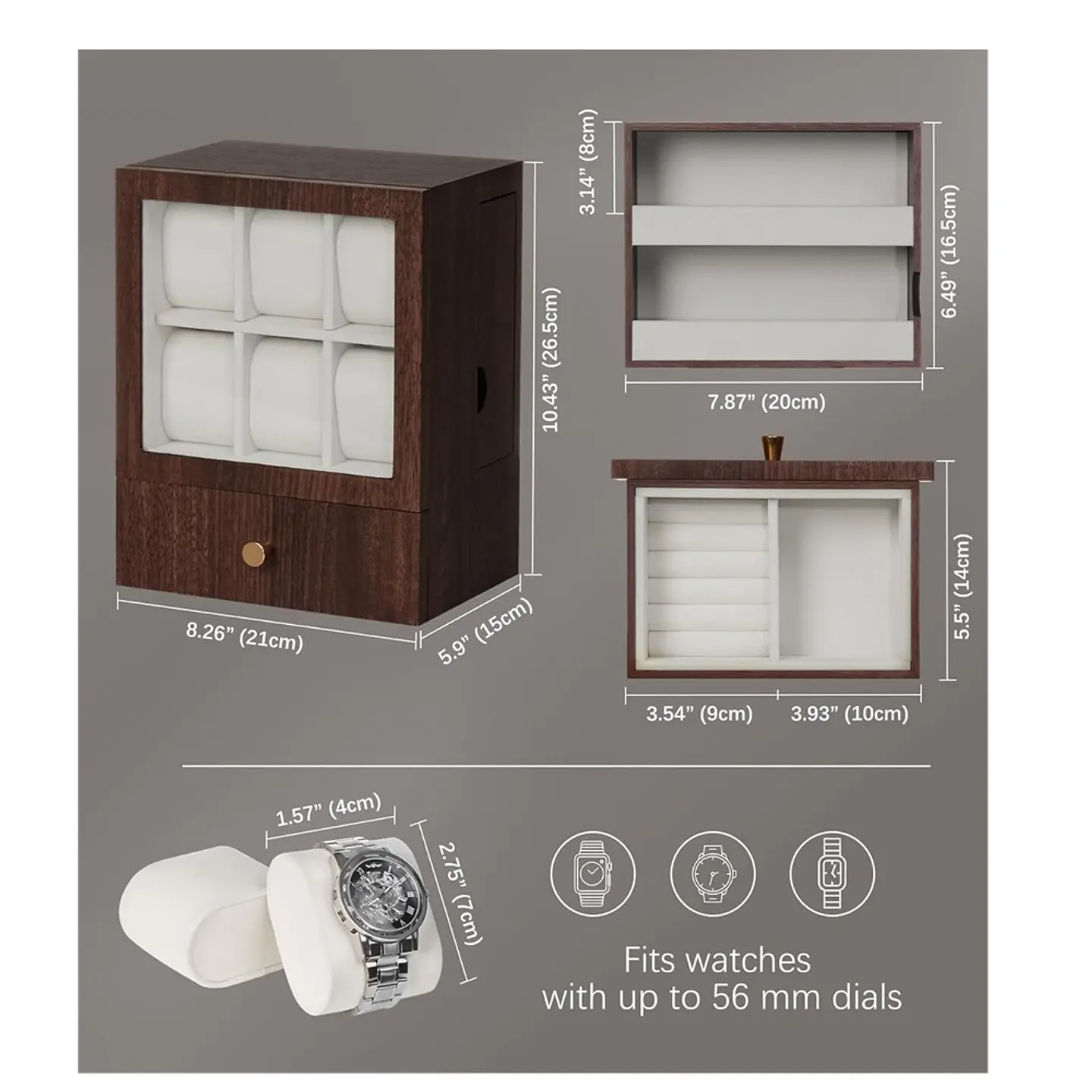 Caja Organizadora exhibidor Madera 6 Relojes, Gafas y otros. 2