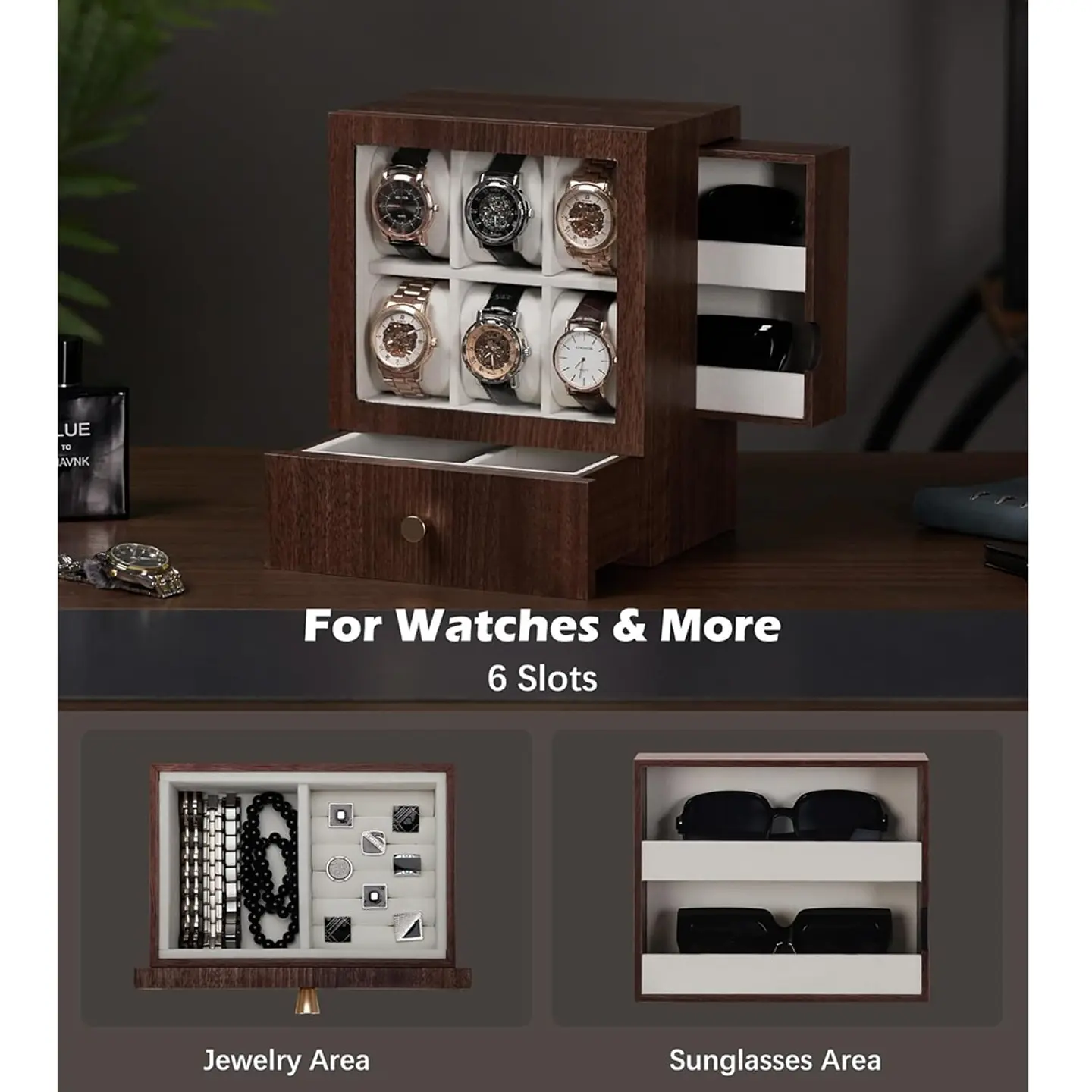 Caja Organizadora exhibidor Madera 6 Relojes, Gafas y otros. 4