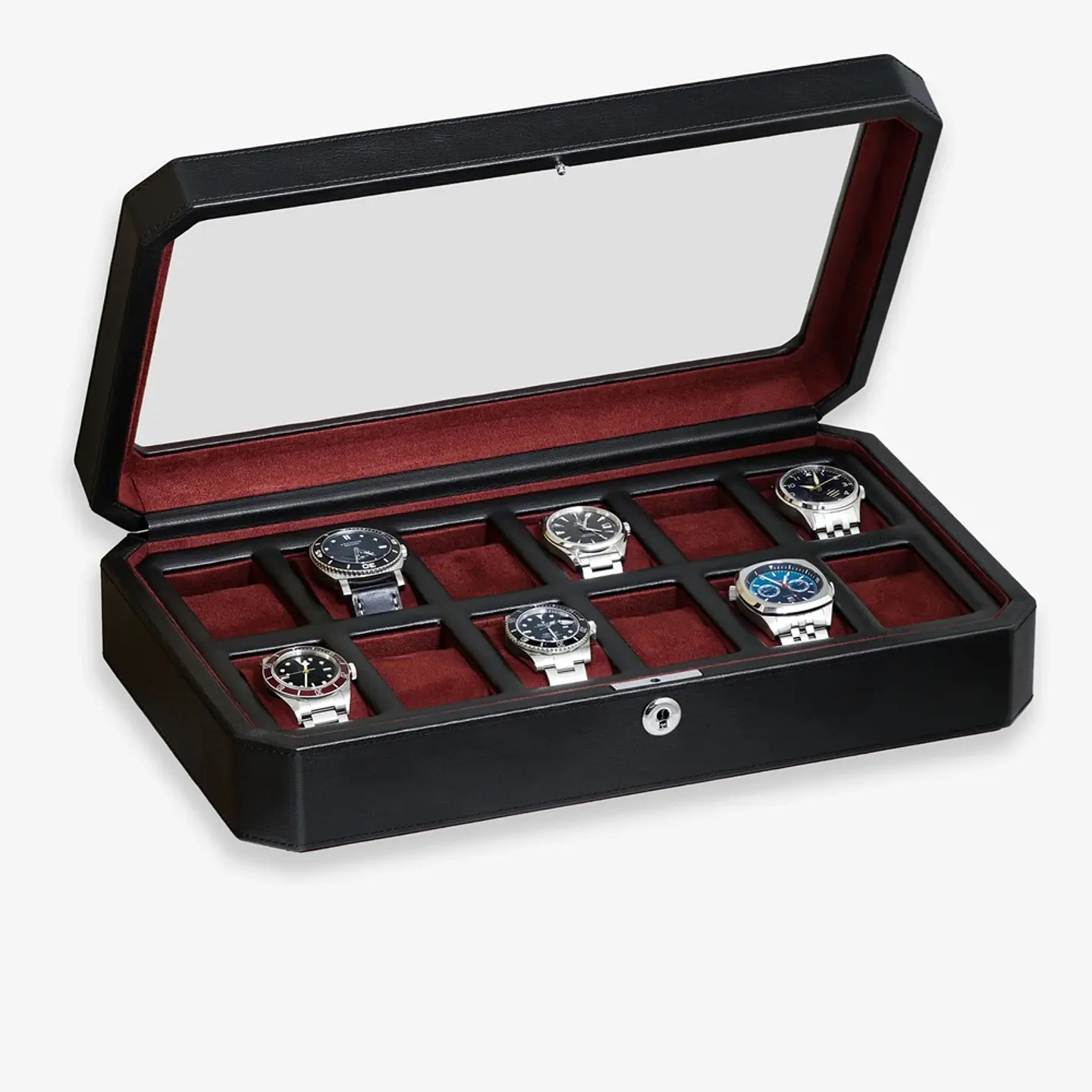 Estuche de lujo negro -rojo para 12 relojes con cerradura 1