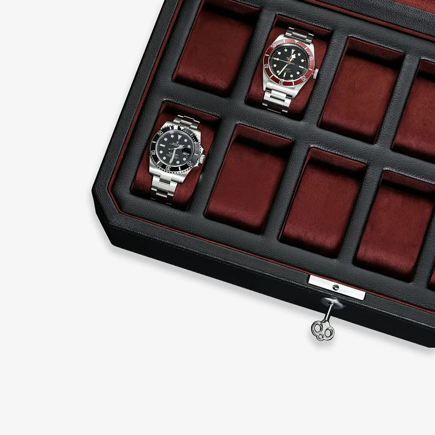 Estuche de lujo negro -rojo para 12 relojes con cerradura 4