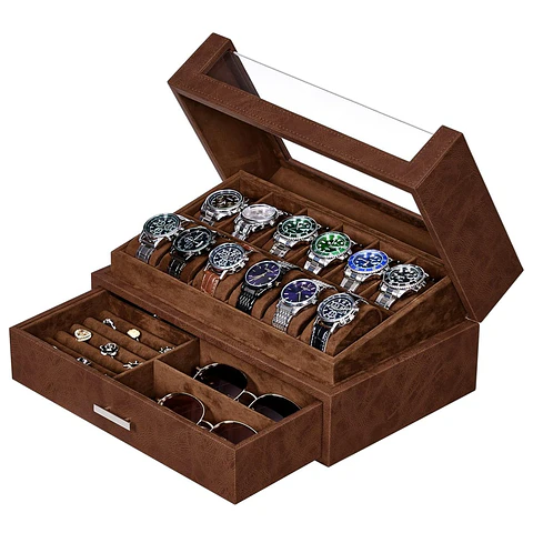 Caja organizadora exhibidora de lujo 12 relojes y complementos brown