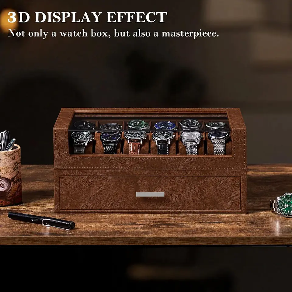 Caja organizadora exhibidora de lujo 12 relojes y complementos brown 6