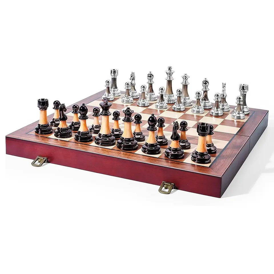 Juego-de-ajedrez grande de 16 pulgadas-tablero de madera plegable con piezas de ajedrez acrílico de lujo 1