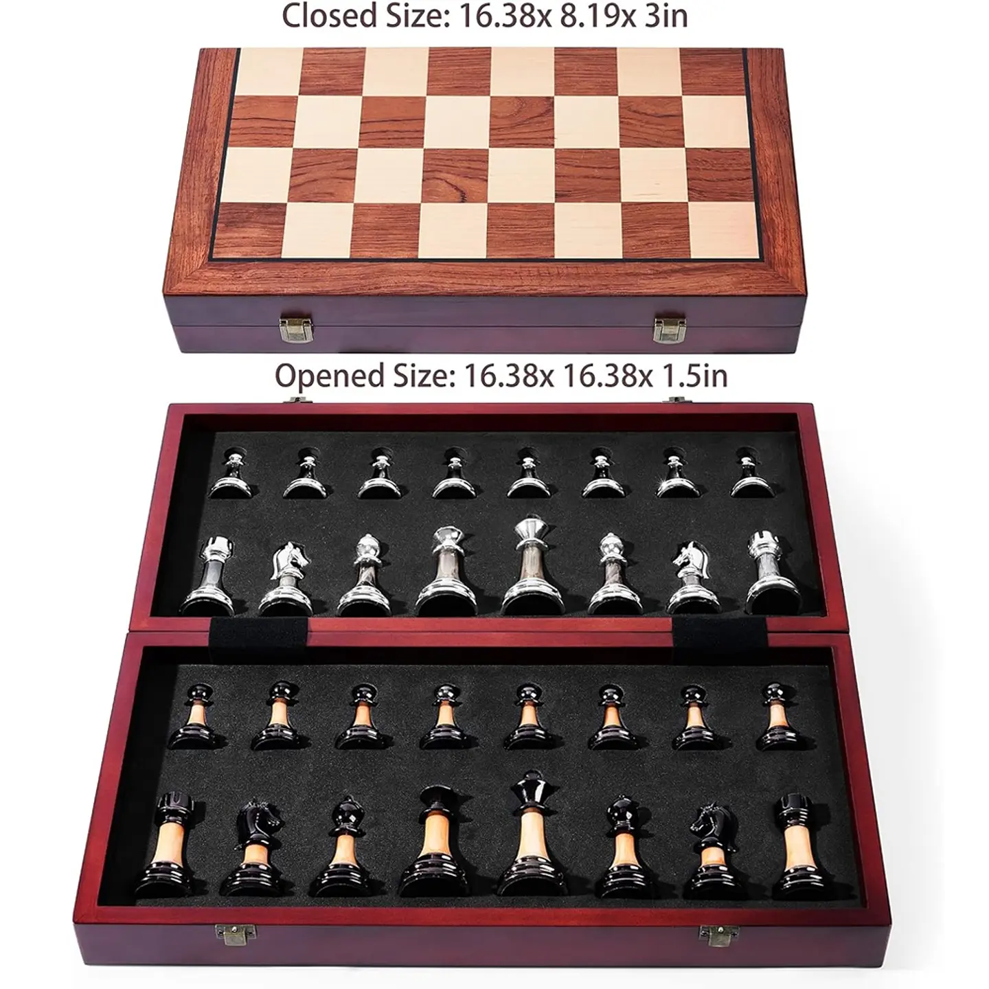 Juego-de-ajedrez grande de 16 pulgadas-tablero de madera plegable con piezas de ajedrez acrílico de lujo 4