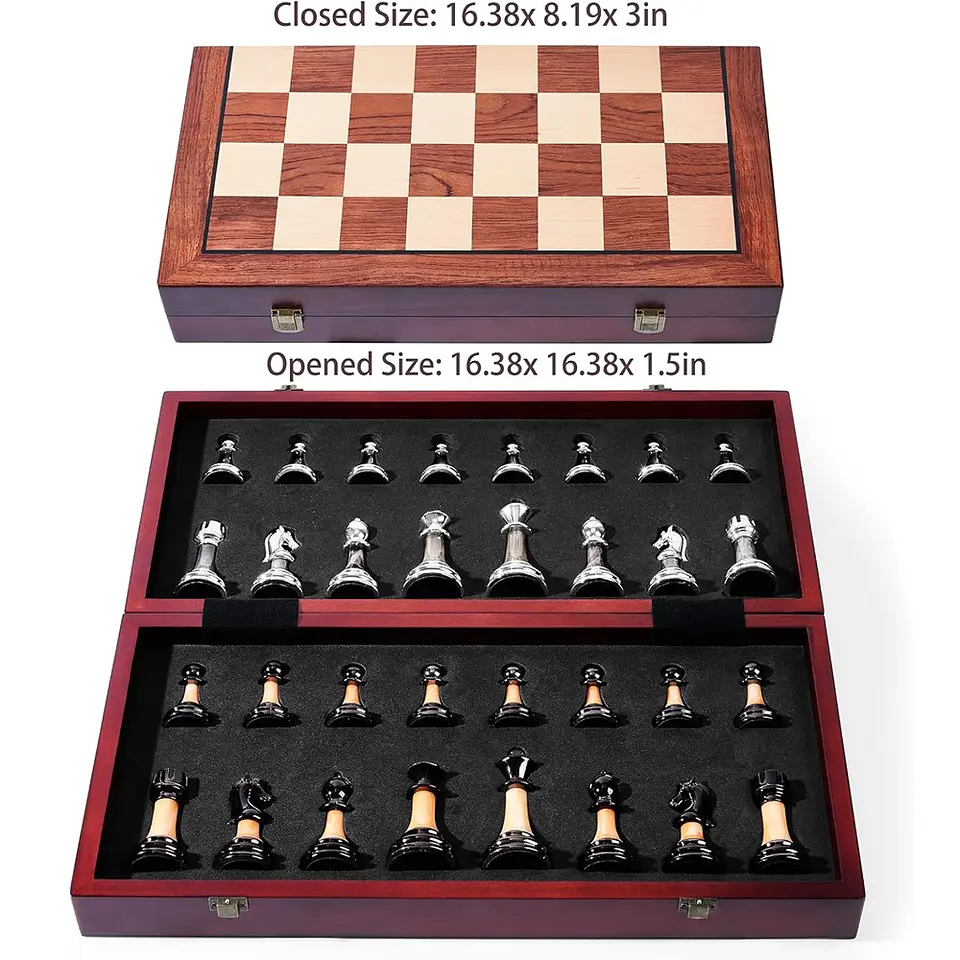 Juego-de-ajedrez grande de 16 pulgadas-tablero de madera plegable con piezas de ajedrez acrílico de lujo 4