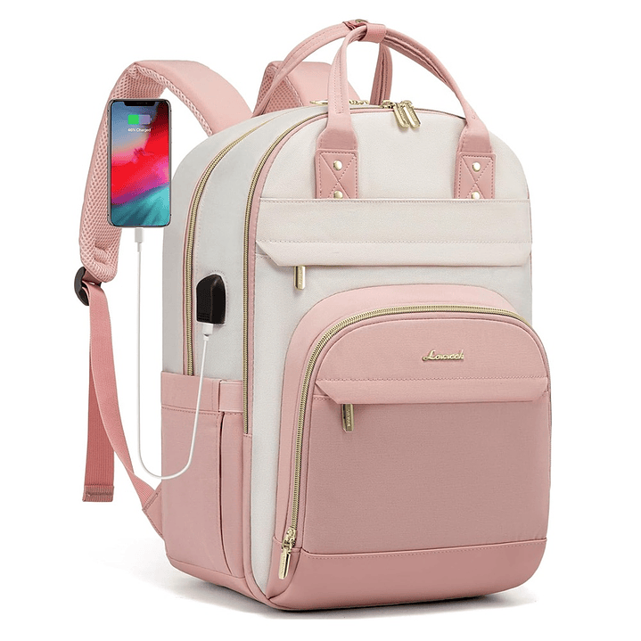 Mochila para laptop para mujer rosa-beige 1