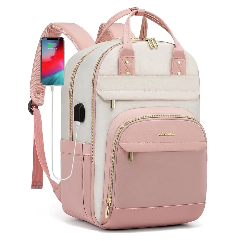 Mochila para laptop para mujer rosa-beige 1