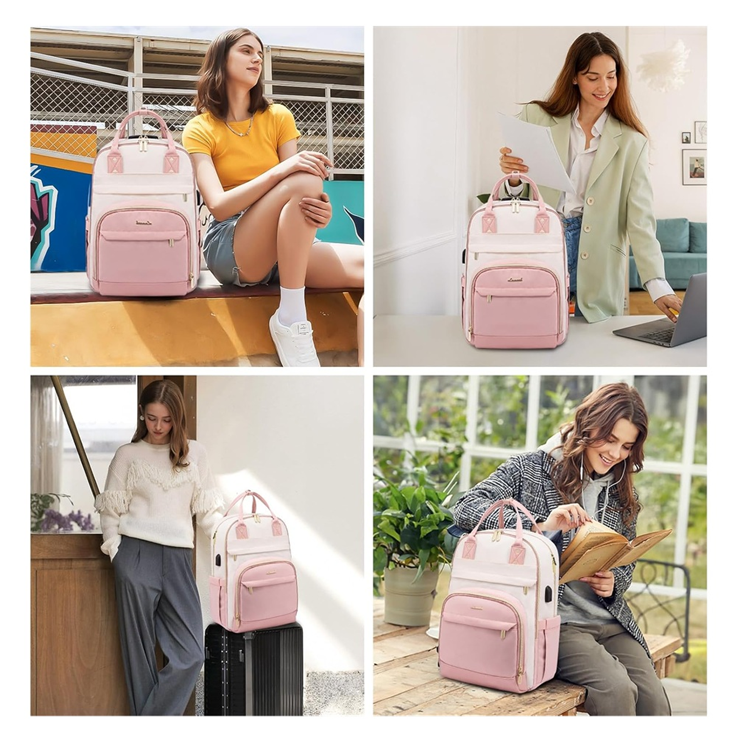 Mochila para laptop para mujer rosa-beige 2