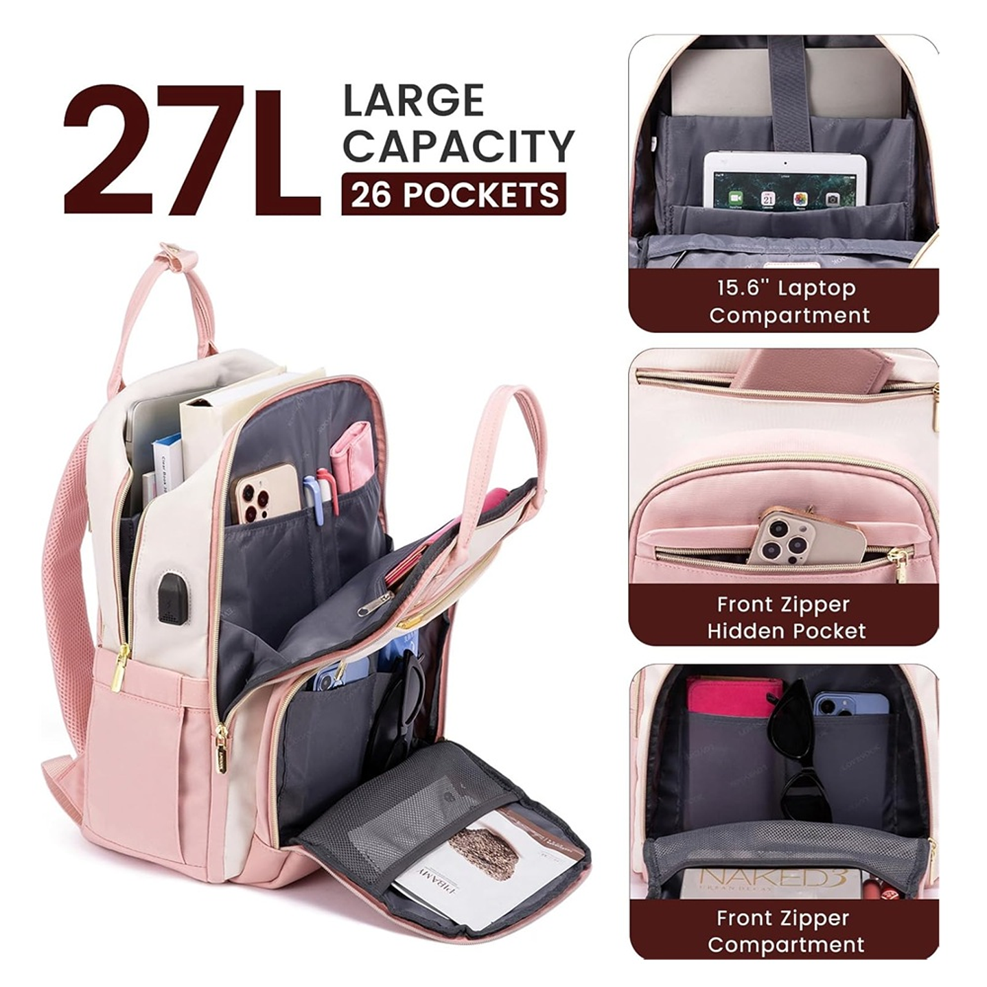 Mochila para laptop para mujer rosa-beige 3