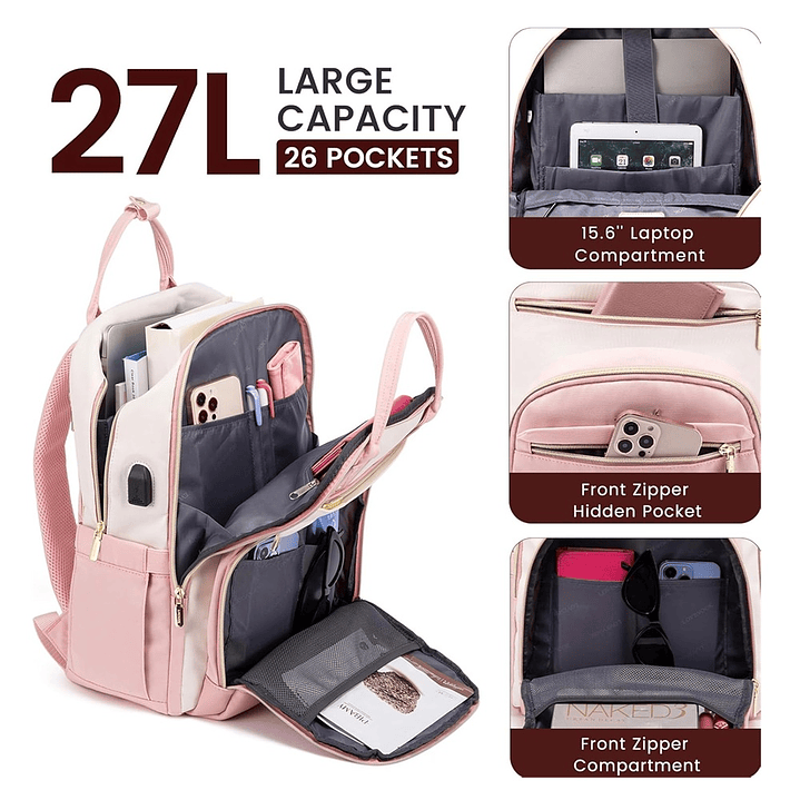 Mochila para laptop para mujer rosa-beige 3