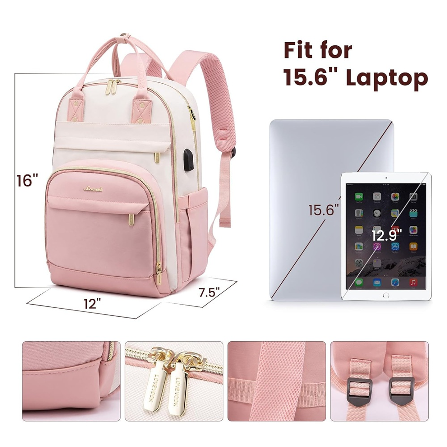 Mochila para laptop para mujer rosa-beige 4