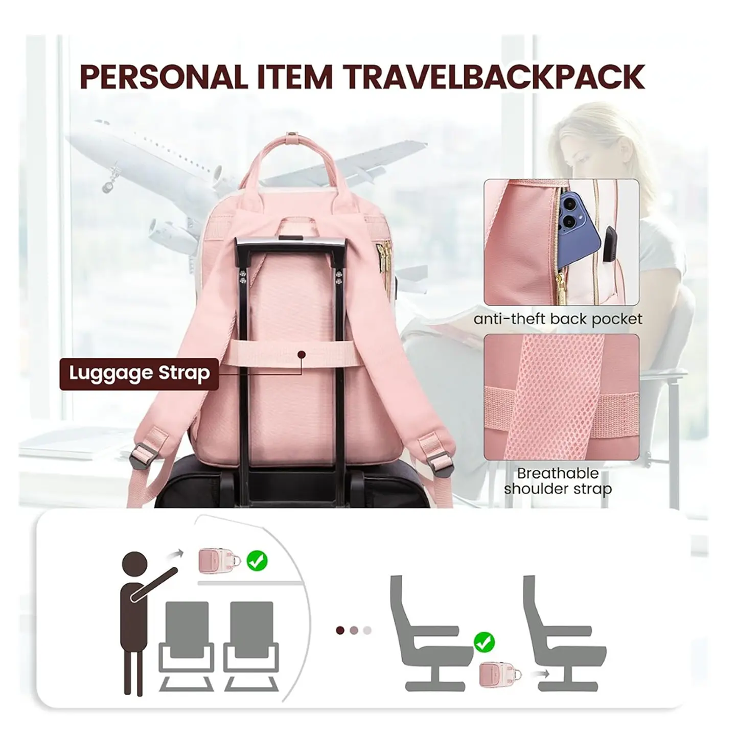 Mochila para laptop para mujer rosa-beige 5
