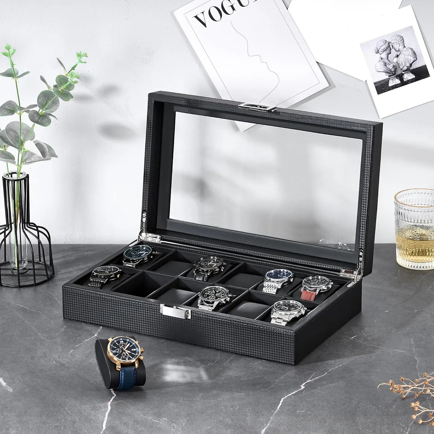 Estuche Organizador Carbon fiber black para 12 relojes 3