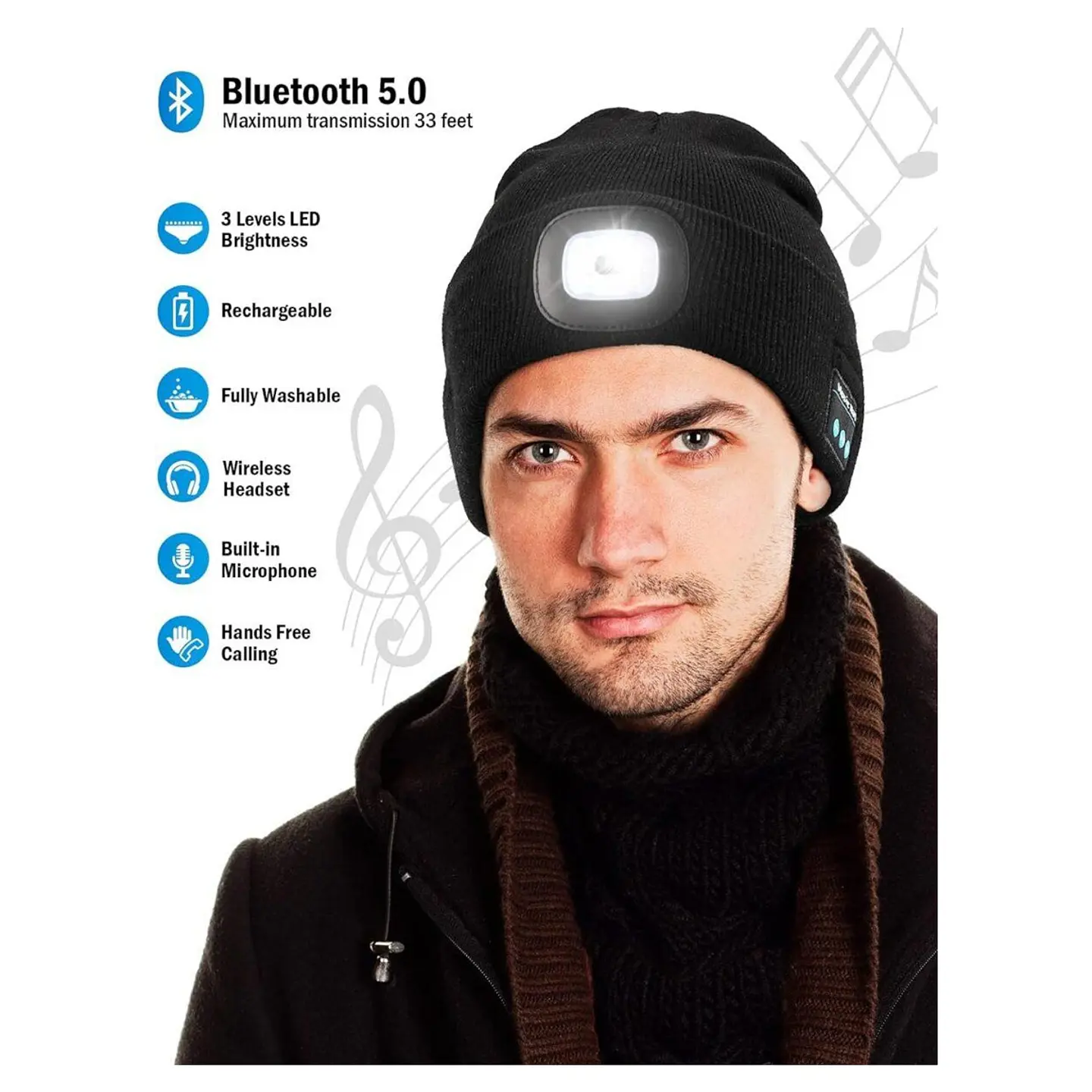 Gorro Bluetooth Wmcaps Negro con Luz LED y Auriculares 2