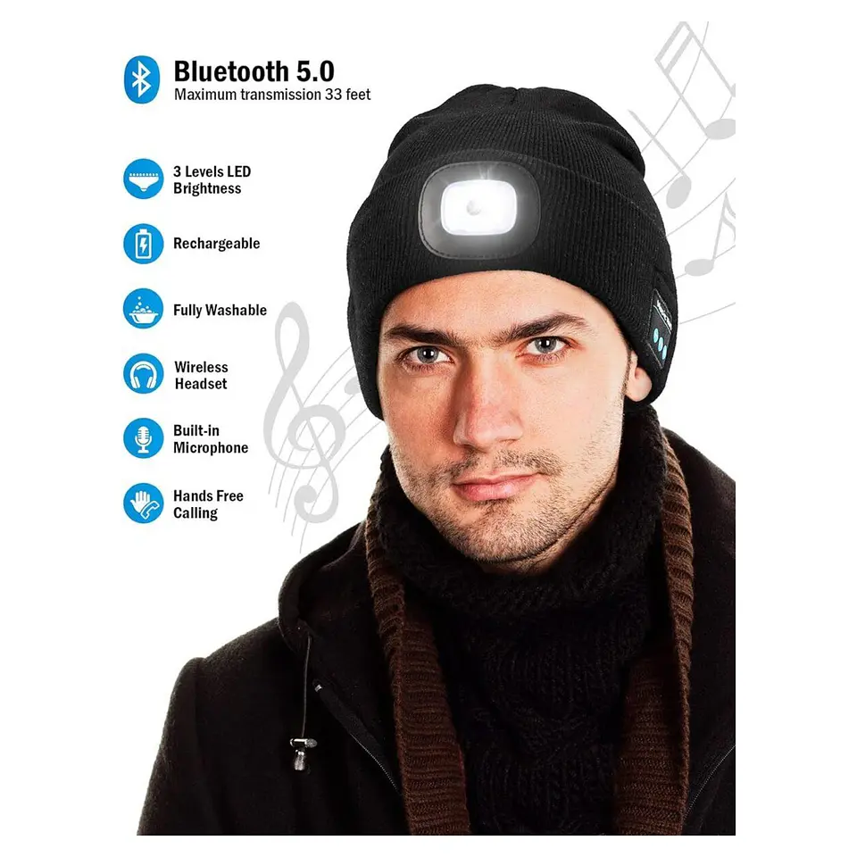 Gorro Bluetooth Wmcaps Negro con Luz LED y Auriculares 2